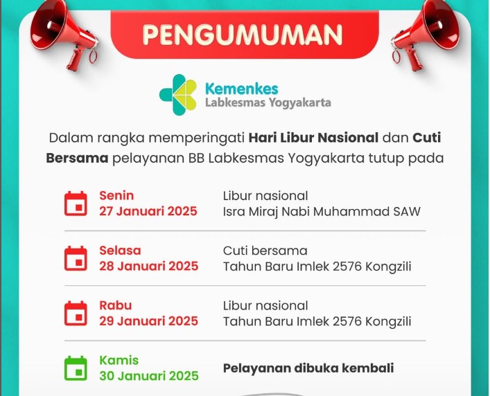 Pengumuman Pelayanan BB Labkesmas Yogyakarta terkait Hari Libur Nasional dan Cuti Bersama